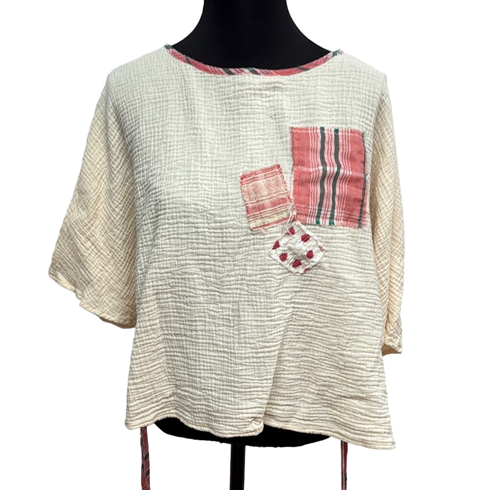 Easel S Cream Boxy Gauze Blouse Patchwork Short Sleeve Boho Top